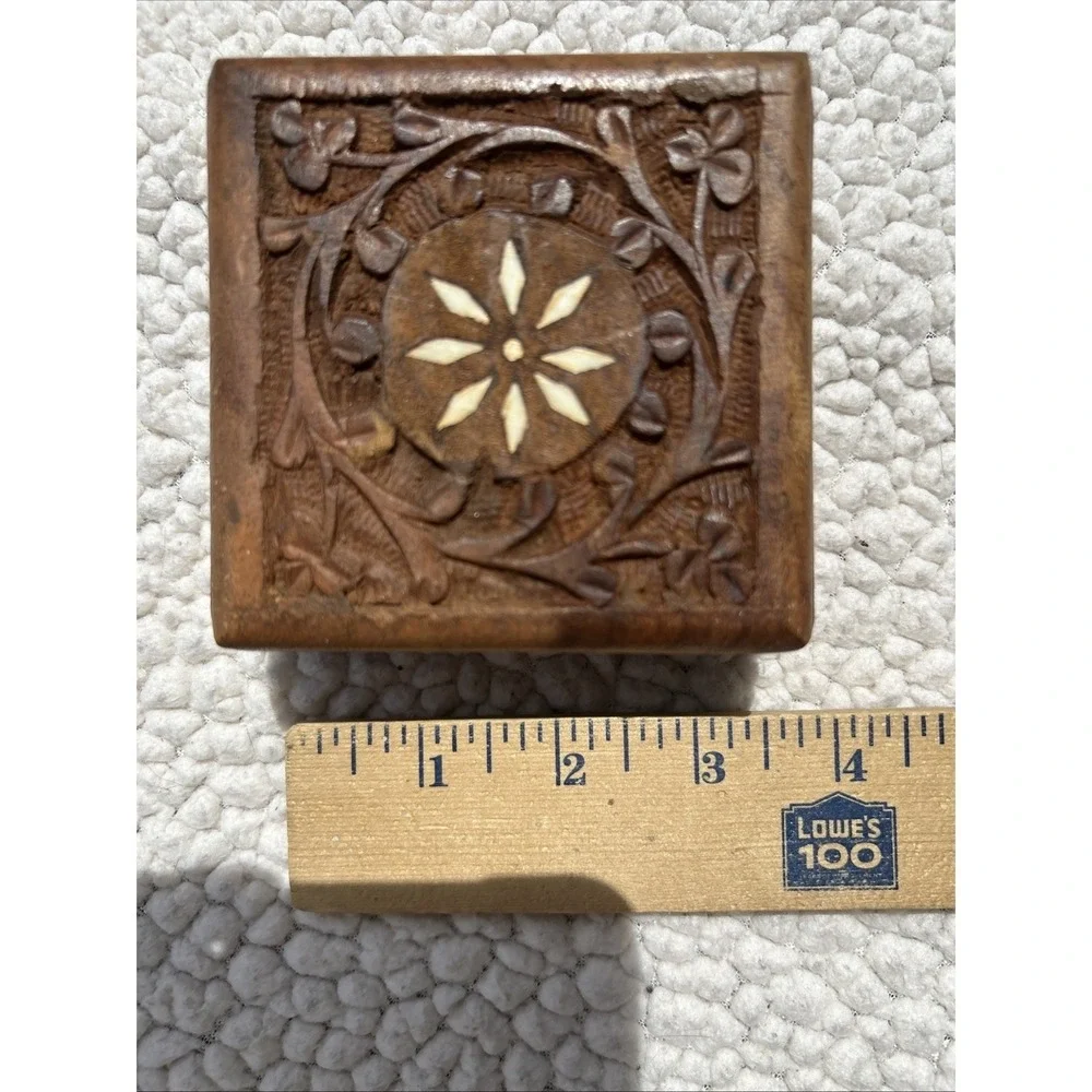 Vintage Hand Carved Wood Trinket Box Set Floral Inlay Made in India 2pc